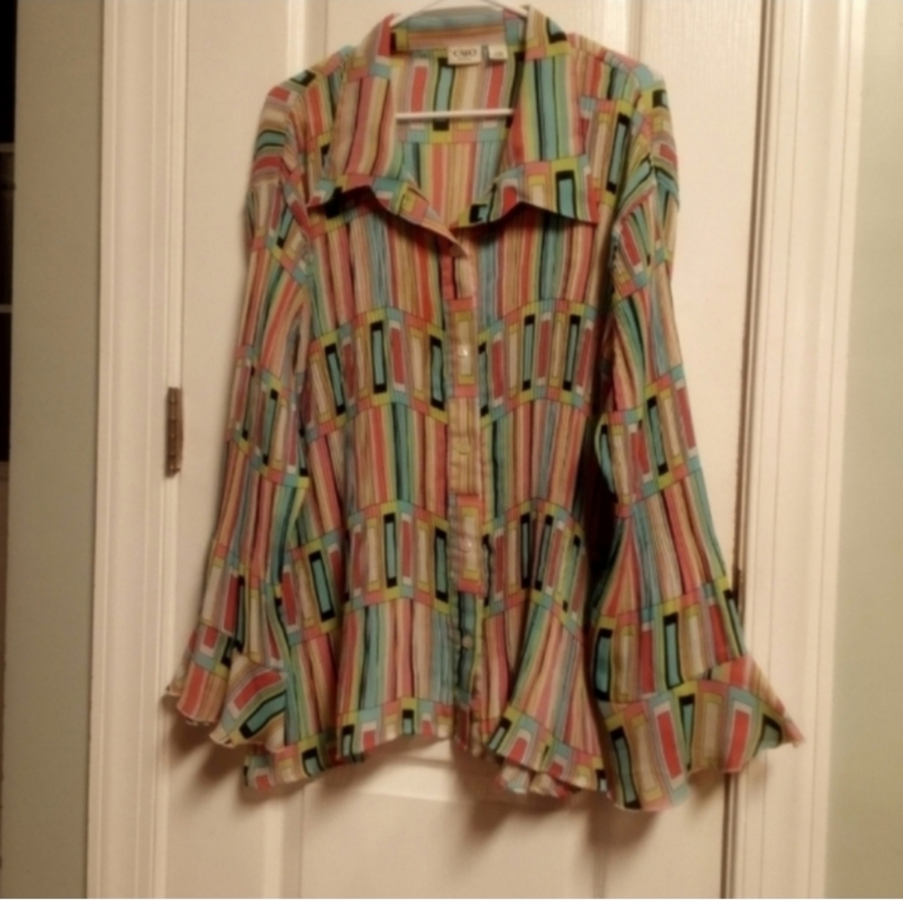 Cato Woman Colorful Striped Button-Up Blouse 22/24 Ribbed Geometric Long Sleeve